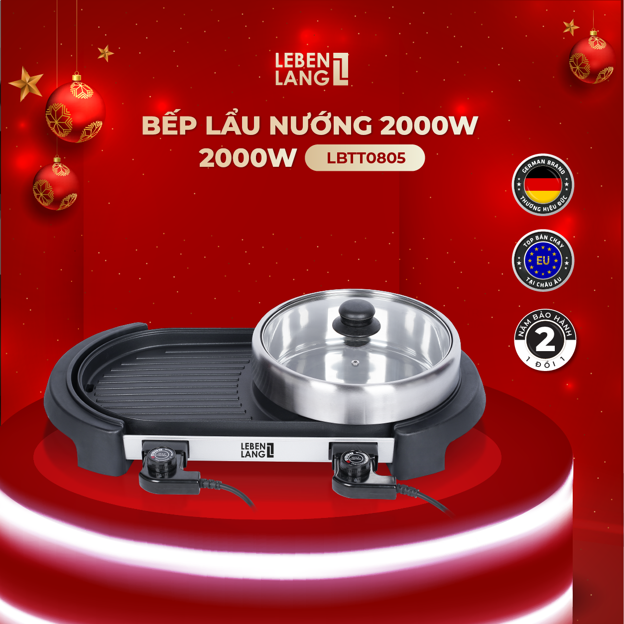 Bếp lẩu nướng Lebenlang LBTT0805, nồi lẩu nướng 2in1 lớn công suất 2000W, nhanh gọn tiện lợi - hàng chính hãng