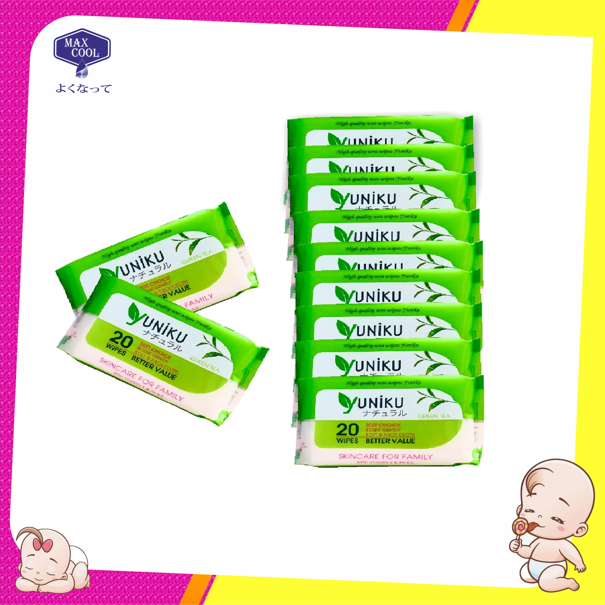 Combo 10 Gói Khăn Ướt Yuniku 20 Tờ Hương Trà Xanh