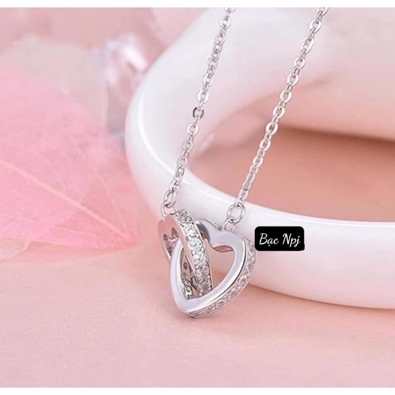 Dây chuyền tim đôi viền đá xinh xắn, Vòng cổ tim lồng đôi Bạc Ta -Bạc Npj