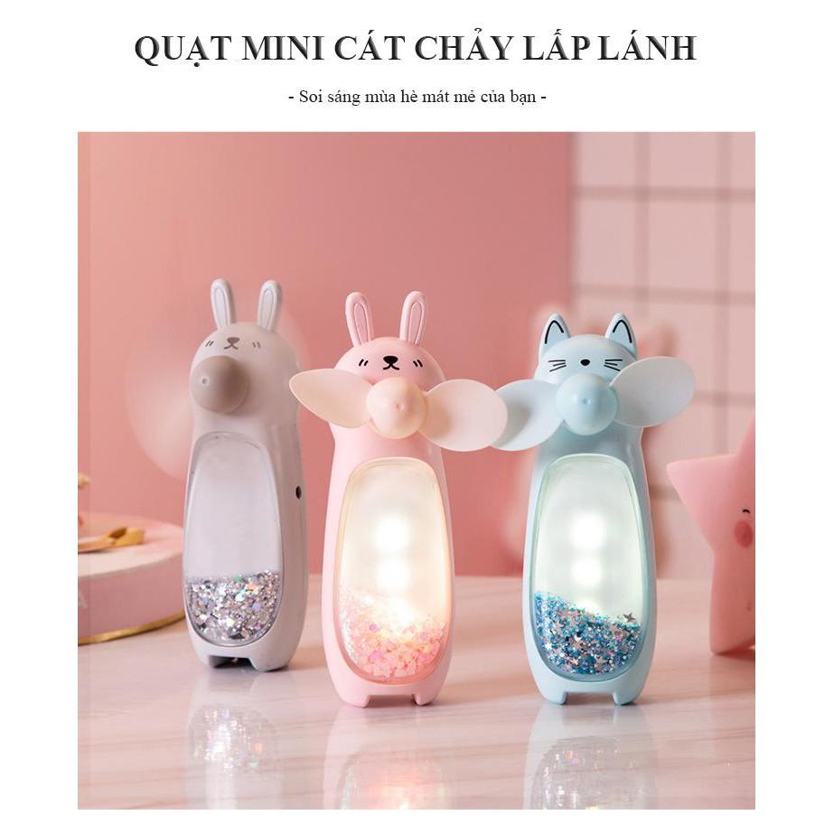 Quạt mini nhũ kim tuyến đèn led siêu xinh pin trâu lovely fan có dây đeo