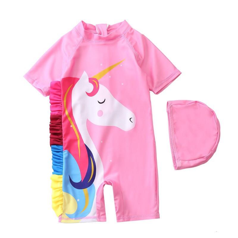 Đồ bơi cho bé gái ngựa hồng Pony liền thân kèm mũ