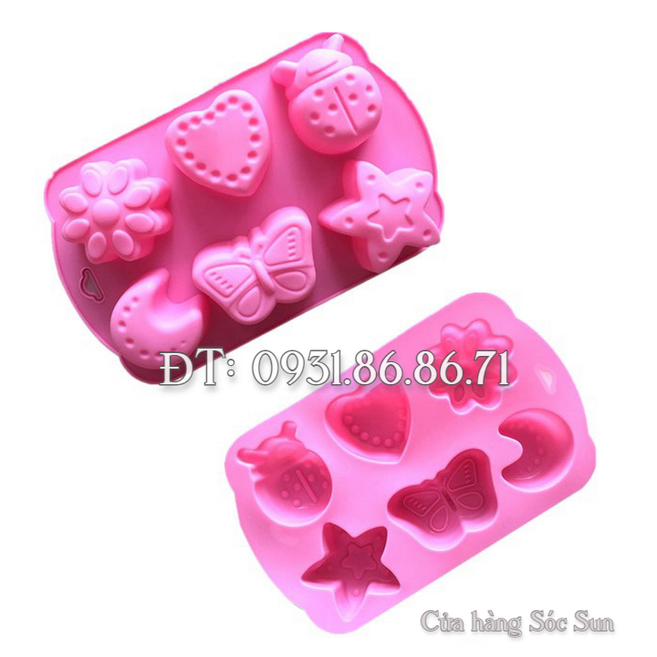 Khuôn silicon 6 hình trăng, sao, bươm bướm, cánh cam, trái tim – Mã số 1266