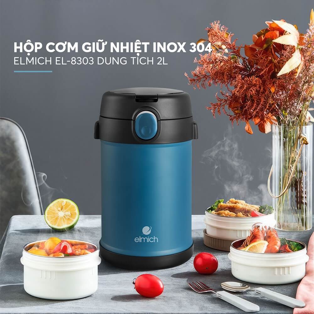 Hộp cơm giữ nhiệt inox 304 Elmich EL8303 2L, Hàng chính hãng, gồm 3 hộp, có túi đựng - JoyMall