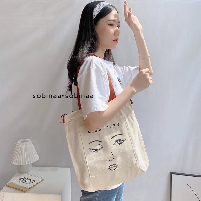 Túi tote siêu xinh - Cô gái tóc thưa đen,34cmx37cm đựng vừaA4