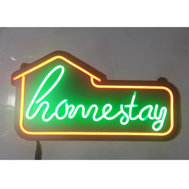 BẢNG ĐÈN NEON HOMESTAY MÀU XANH VÀ VÀNG, HÌNH NGÔI NHÀ