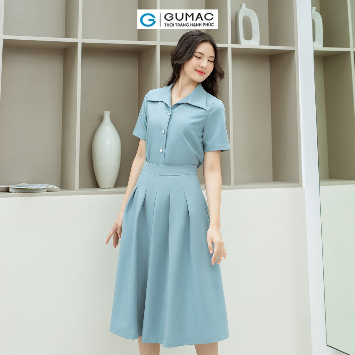 Set lẻ Áo kiểu tay ngắn GUMAC AD08028 - Chân váy A xếp ly GUMAC VD08037