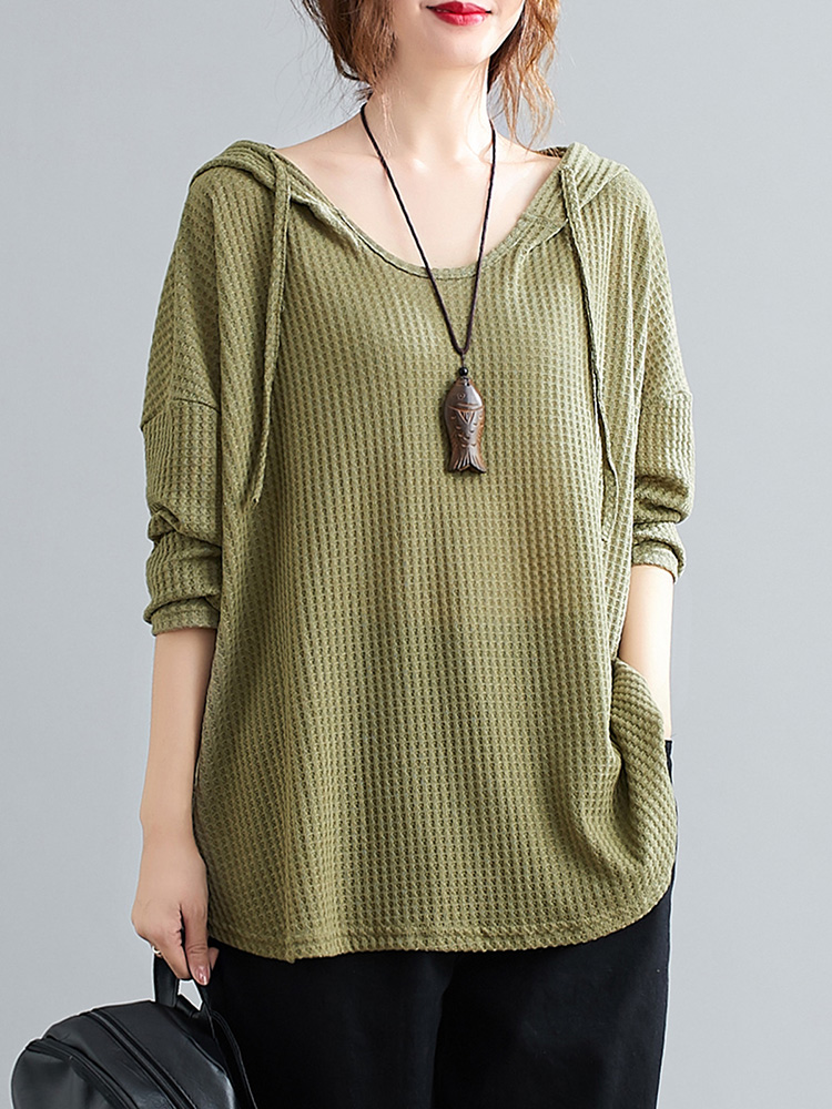 Women Hoodie Drawstring Long Sleeve Solid Color Loose Hooded Sweater Knit Pullover Casual Spring Autumn Plus Size