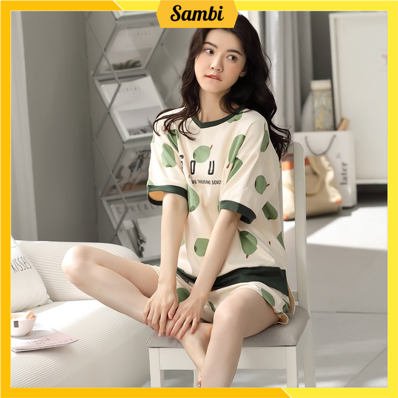 Bộ đồ ngủ cao cấp áo cộc tay quần đùi chất liệu cotton thoáng mát phong cách Hàn Quốc