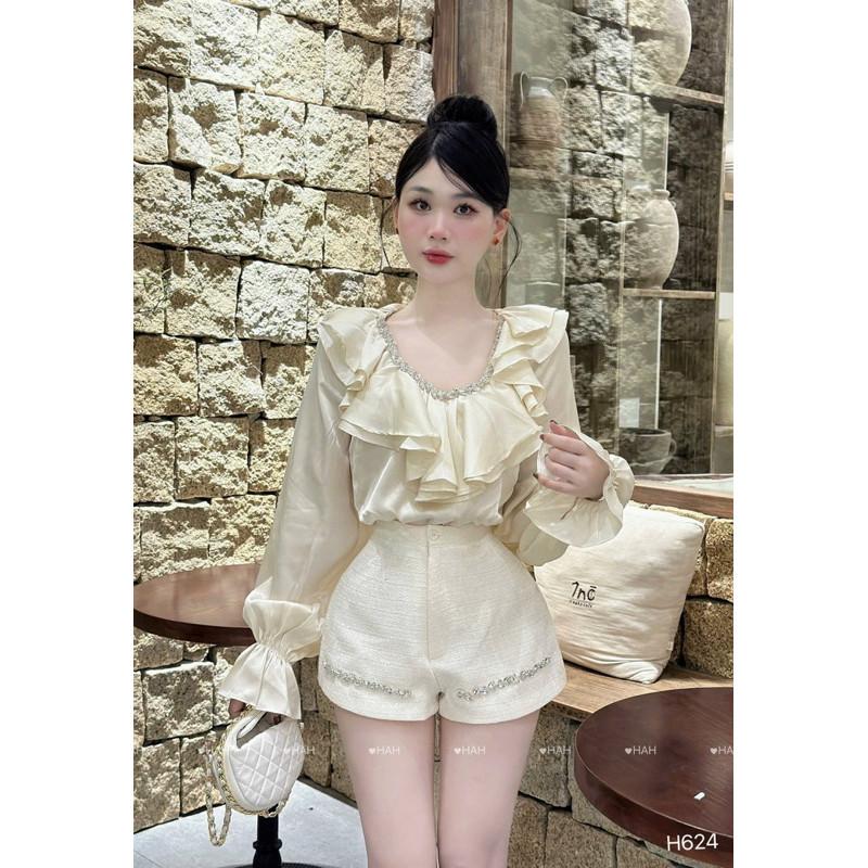 sét bộ viền đá áo lụa quần dạ, cổ bèo sang chảnh  HAH BY JOLIE - Đen
