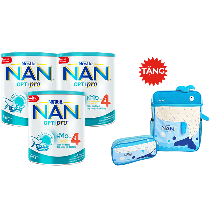 Combo 3 Lon Sữa Bột Nestlé NAN OPTIPRO HM-O 4 900g - Tặng 01 Balo và Bóp Viết Con Cá