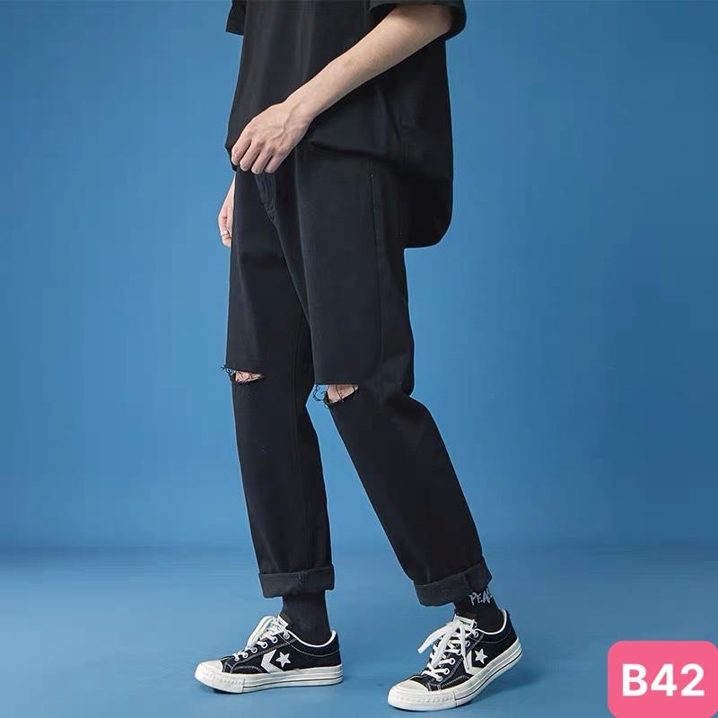 Quần jean nam trơn rách gối màu đen chất jeans bò cao cấp co dãn 4 chiều from baggy dáng rộng ống suông mới đẹp HA mới
