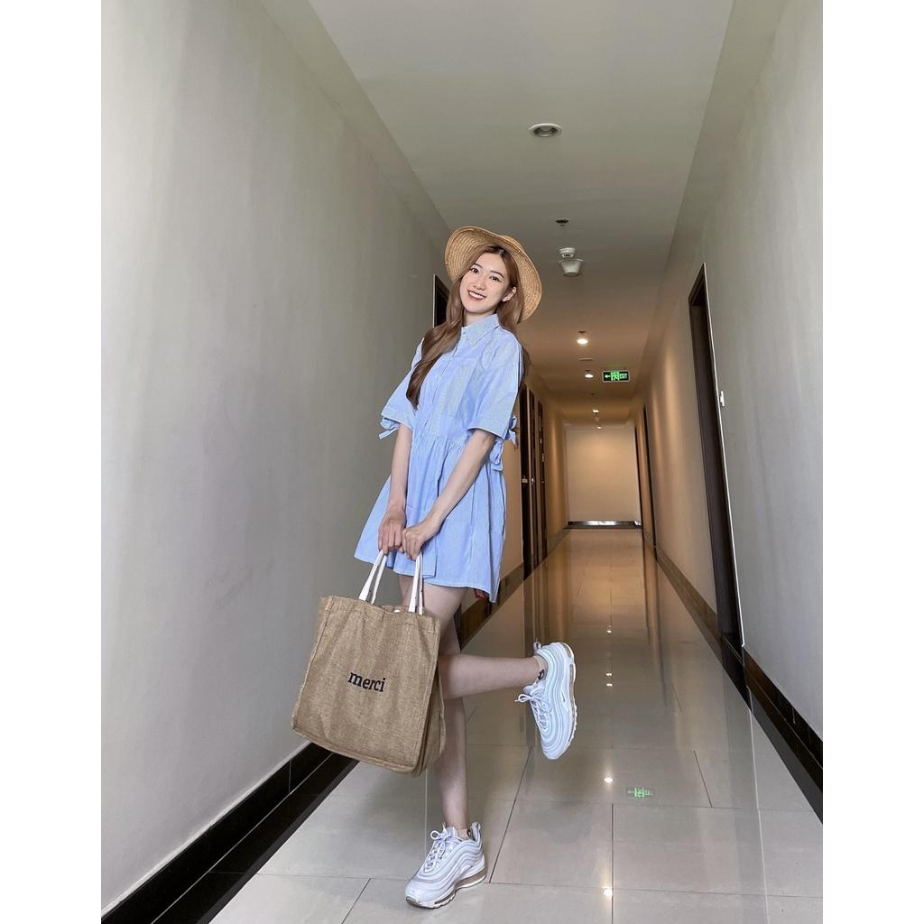 Áo Sơ Mi Kiểu, Cách Điệu Tà Áo Dài, Nơ Hai Bên Ống Tay Áo, Màu Xanh Dương - Lovadova 21B06C002
