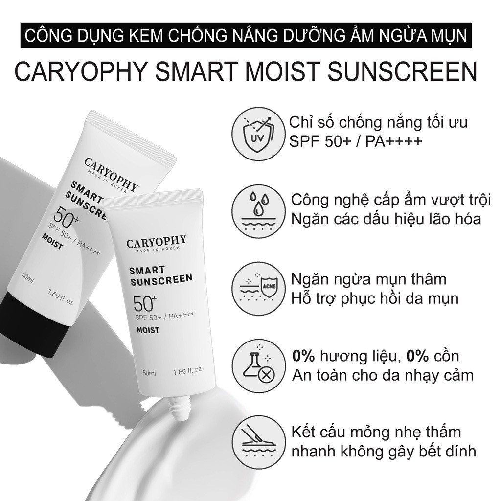 Kem Chống Nắng Dưỡng Ẩm, Ngừa Mụn Không Nâng Tone Caryophy Smart Moist Sunscreen 50ml - MOIST