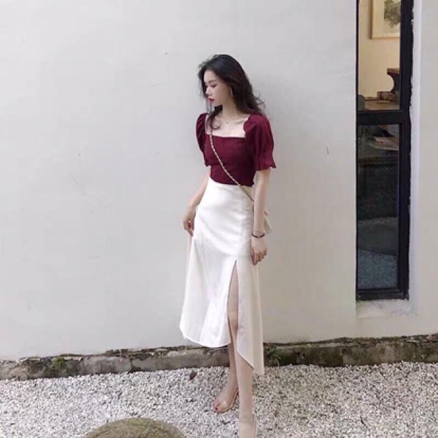 Sét áo tay phồng có dây kéo và chân váy có dây kéo xẻ cao sang chảnh sexy