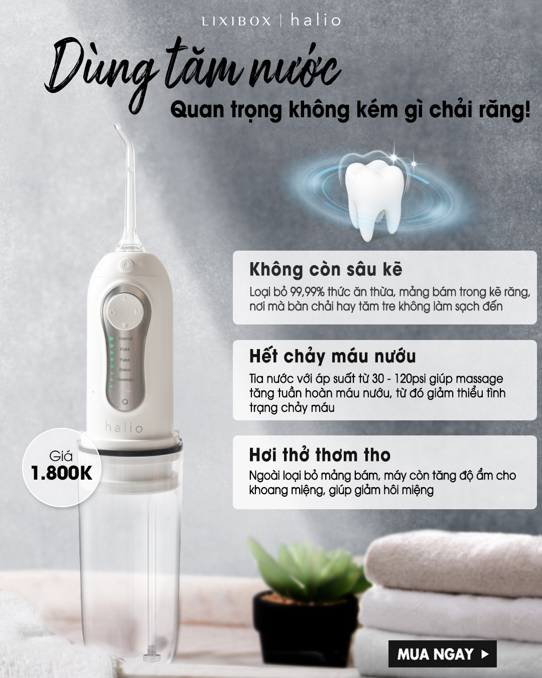 Combo Máy tăm nước cầm tay Cordless Oral Irrigator Và Máy Tẩy Trắng Răng Halio Blue Light Professional Teeth Whitening Enhancer