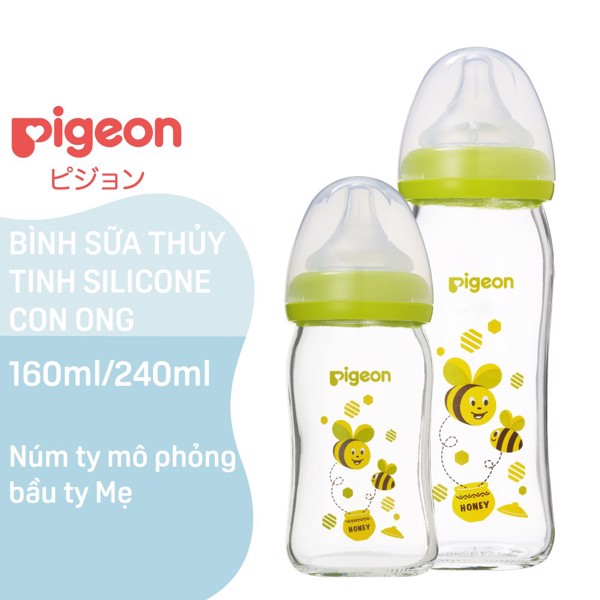 Bình sữa thủy tinh Pigeon CR 160ml/ 240ml họa tiết con ong, con hưu
