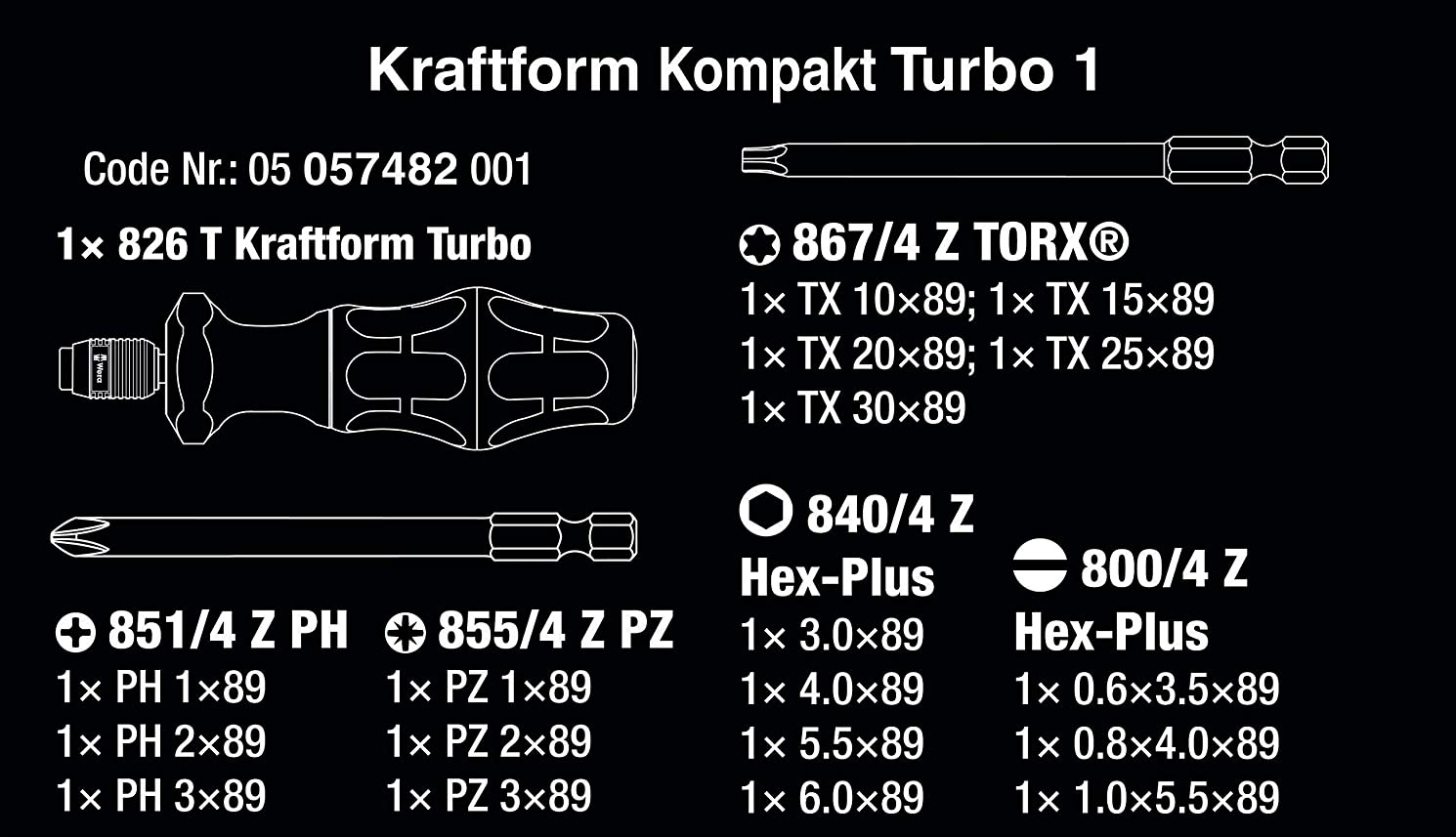 Bộ dụng cụ mở vặn vít đa năng Wera 05057482001 Kraftform Kompakt Turbo 1 với cán vít Turbo 1 vòng thành 4 vòng gồm 19 chi tiết