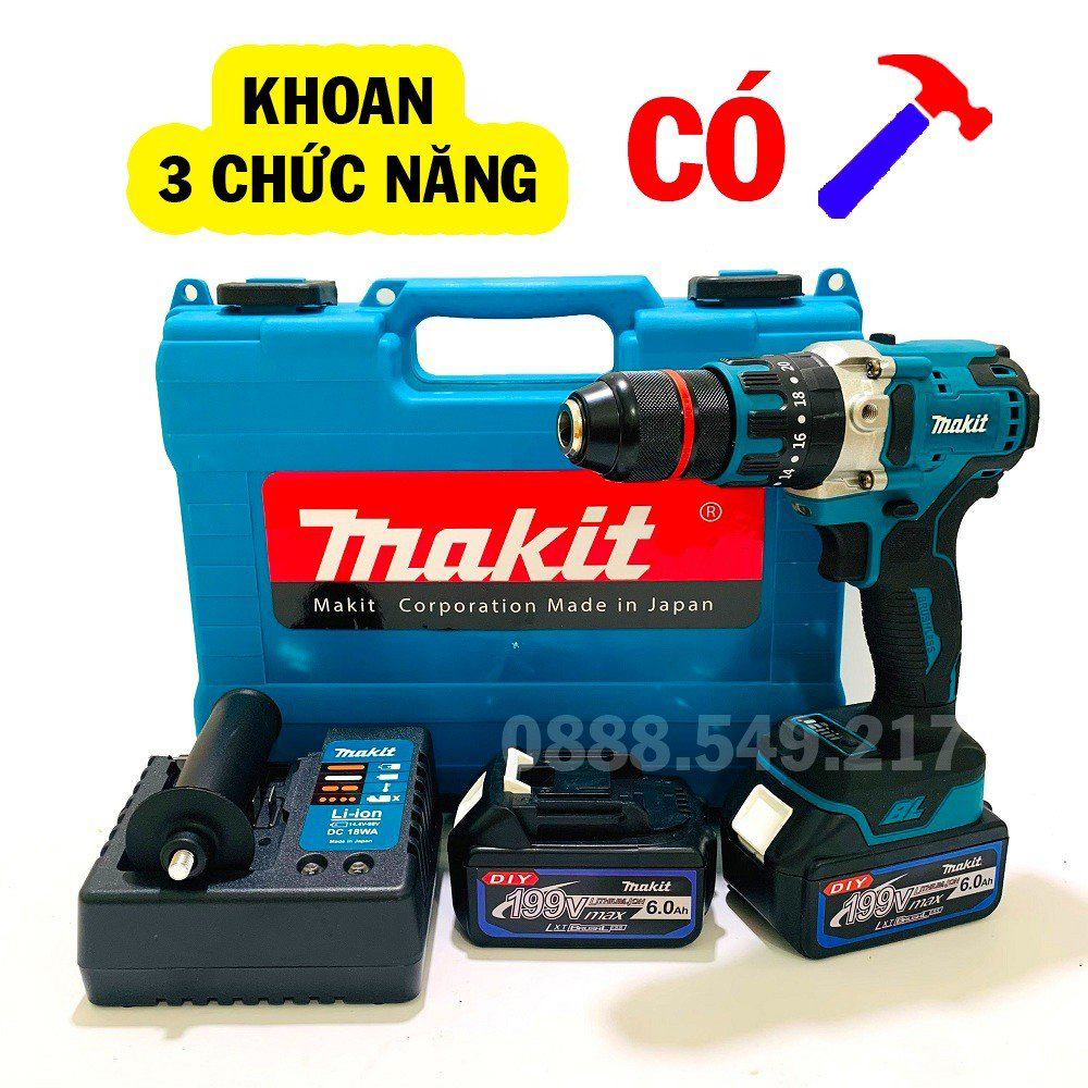 Máy Khoan Pin Chuyên Dụng Đa Chức Năng  Đầu AutoLock 13 Ly Pin 10 CELL 199V Không Chổi Than Có Búa - Chuyên Khoan, Bắt Vít, Bắn tôn Cực Khỏe