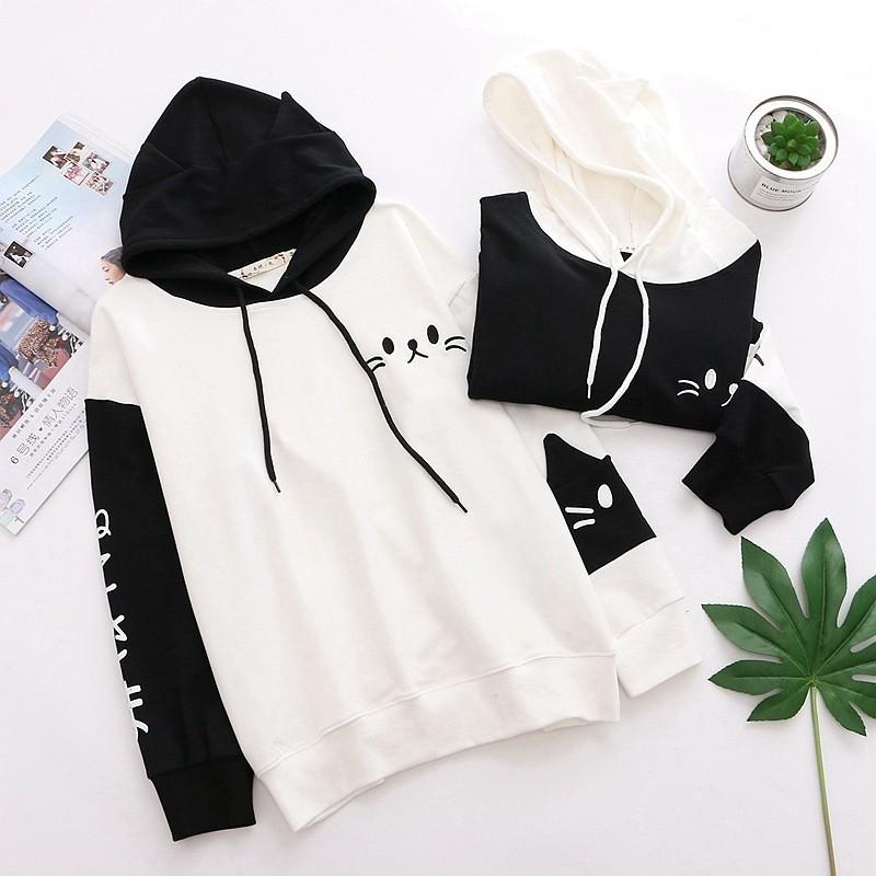 Áo khoác nỉ tay dài in hình mèo con có nón phía sau || Hany Shop