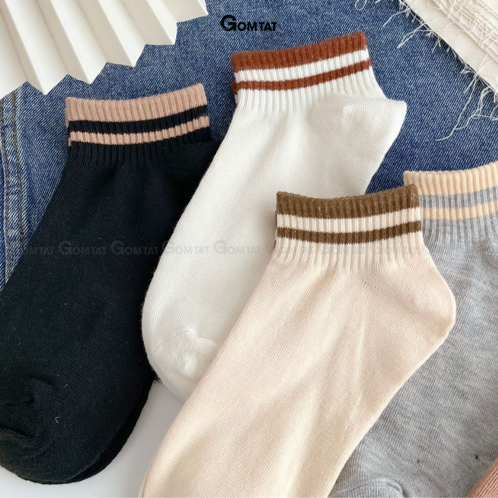 Set 5 đôi tất cổ ngắn nữ GOMTAT cổ sọc ngang nhiều màu, vớ nữ cổ ngắn chất liệu cotton mềm mại thoáng mát - CB095