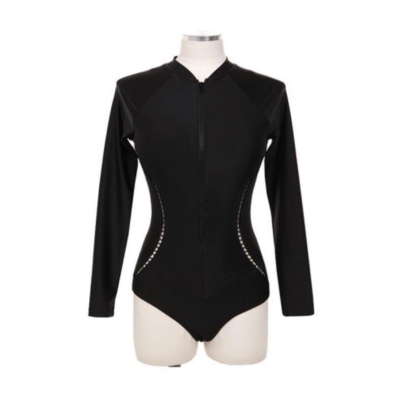 Monokini bikini đồ bơi nữ tay dài đen viền ruy băng hở eo tôn dáng
