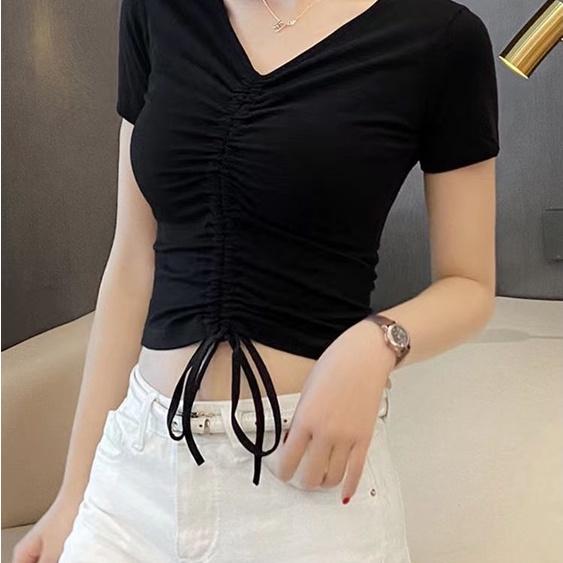 Áo Croptop Rút Dây Tay ngắn chất thun gân co giãn rút ngực buộc nơ cá tính ôm sexy cổ tim màu đen trắng
