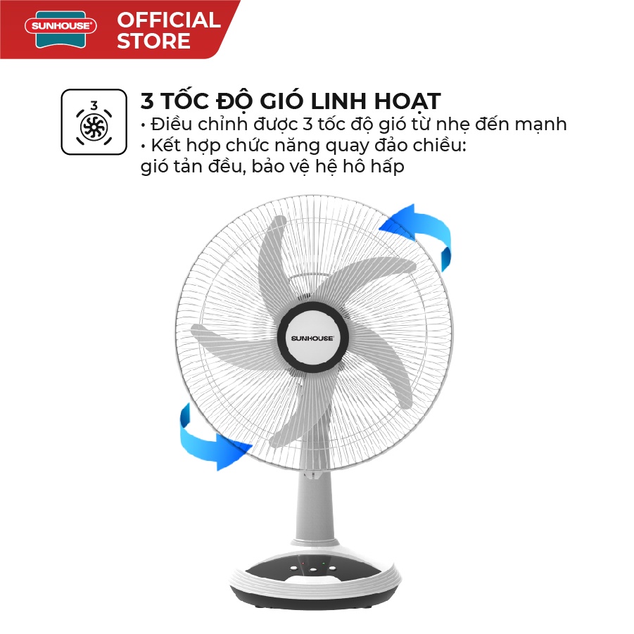 Quạt sạc tích điện SUNHOUSE SHD7223 kiêm đèn ngủ, công suất 24W pin lên đến 16 giờ - Hàng chính hãng