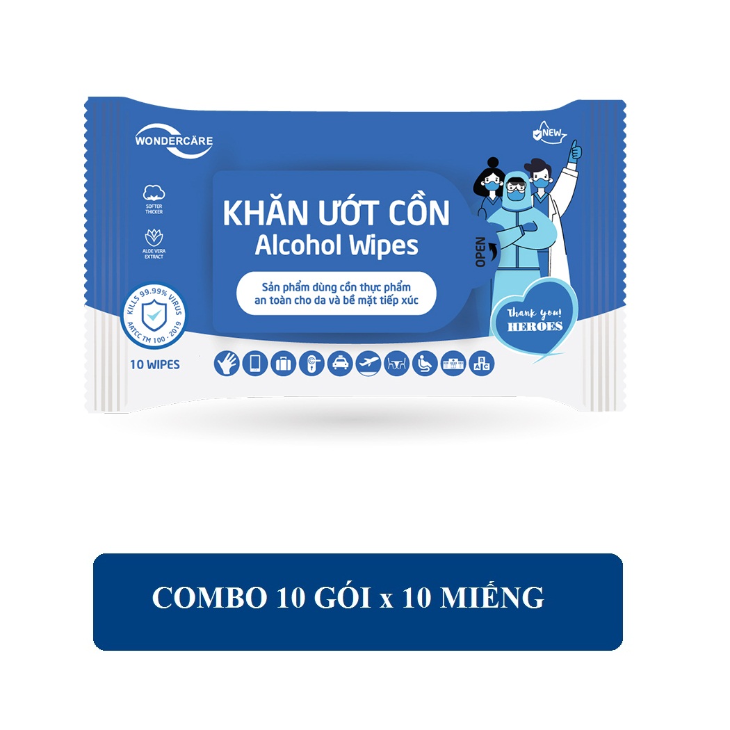 Combo 10 Gói Khăn Ướt Cồn Wondercare 10 Tờ/Gói - Kháng khuẩn 99,9%