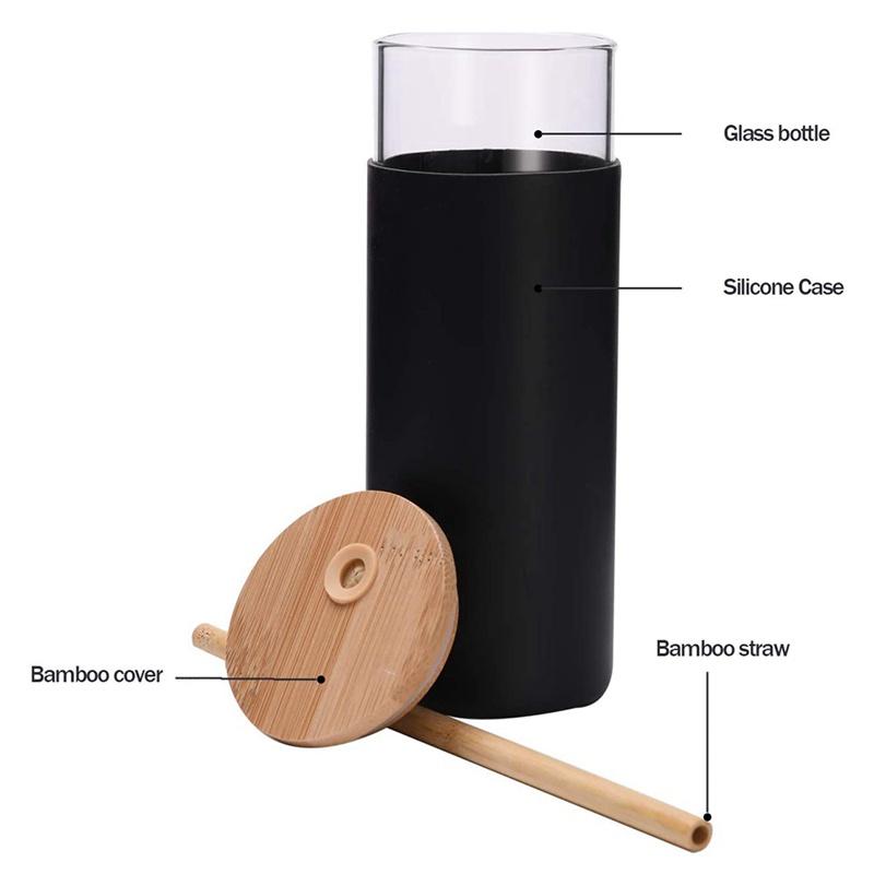 2 Pcs Bamboo Cover Glass Cup with Bamboo Straw Glass Juice Cup Silicone Sleeve Glass Water Cup Leak-Proof Black Green