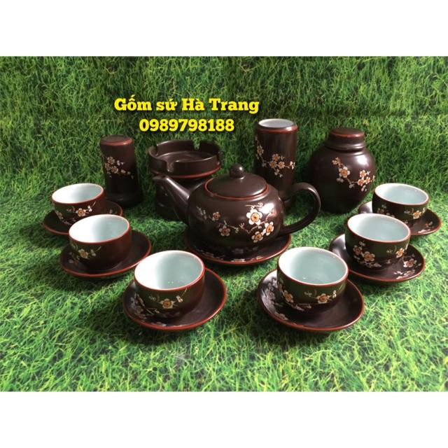 Ấm chén Bát Tràng cao cấp men nâu khắc hoa đào đủ phụ kiện