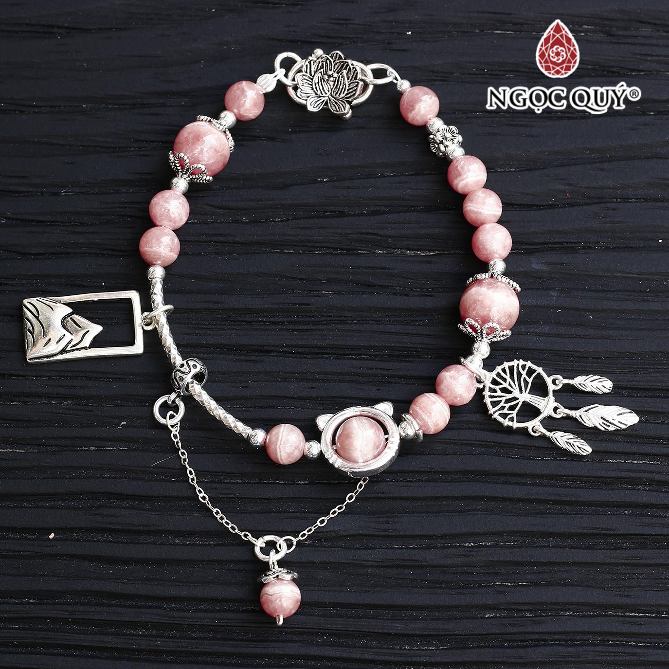 Vòng tay đá đào hoa rhodochrosite 8mm phối charm deamcatcher bạc 925 mệnh hỏa , thổ - Ngọc Quý