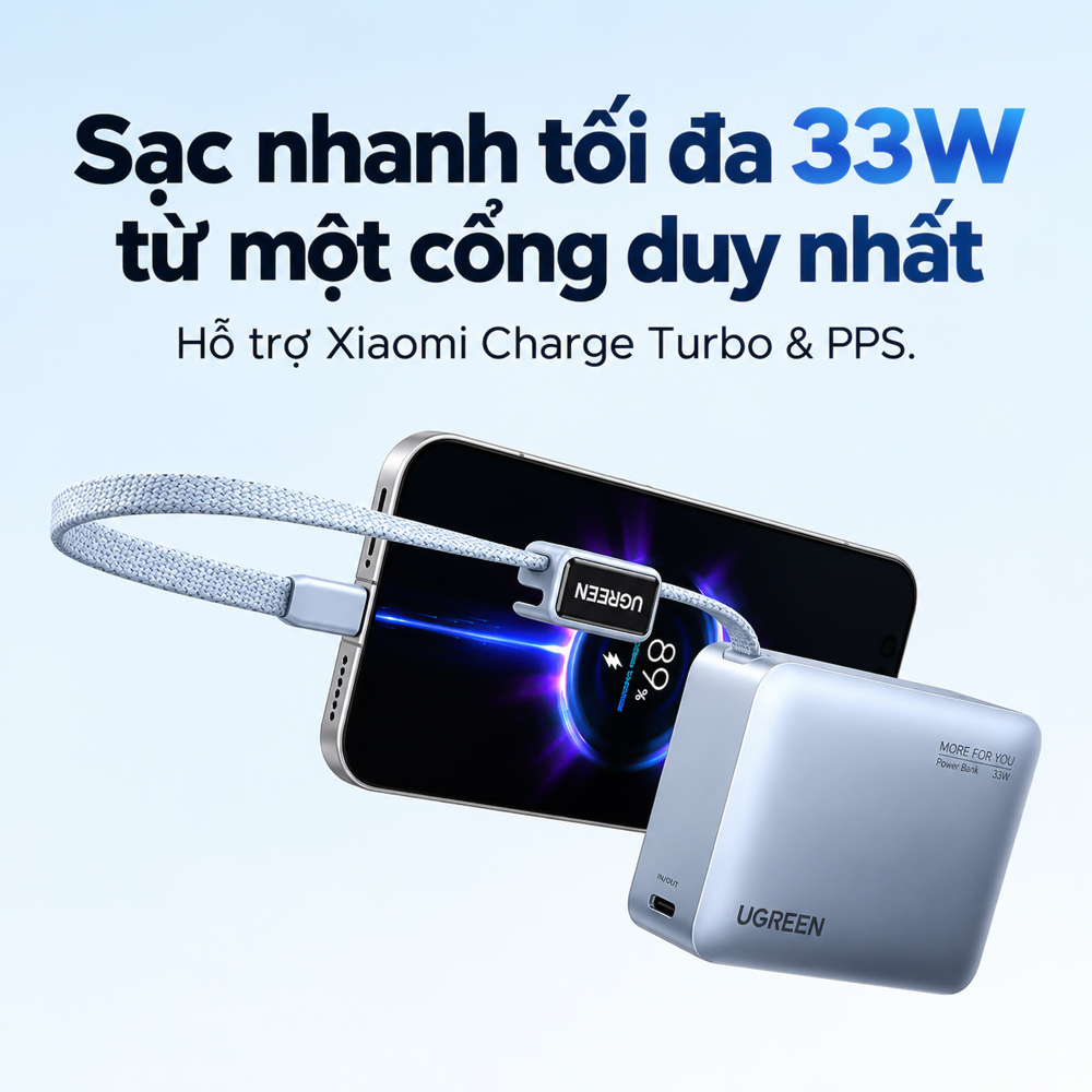 Sạc dự phòng Ugreen Power Bank Built-In Cable 25cm 1USB 1Type-C 33W 10000mAh PB584 75173B - Hàng chính hãng