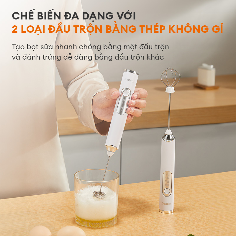 Máy đánh bọt sữa Gaabor EG04M-WH01A dụng cụ đánh trứng khuấy bột bọt cà phê mini đa năng cổng sạc USB - Hàng chính hãng