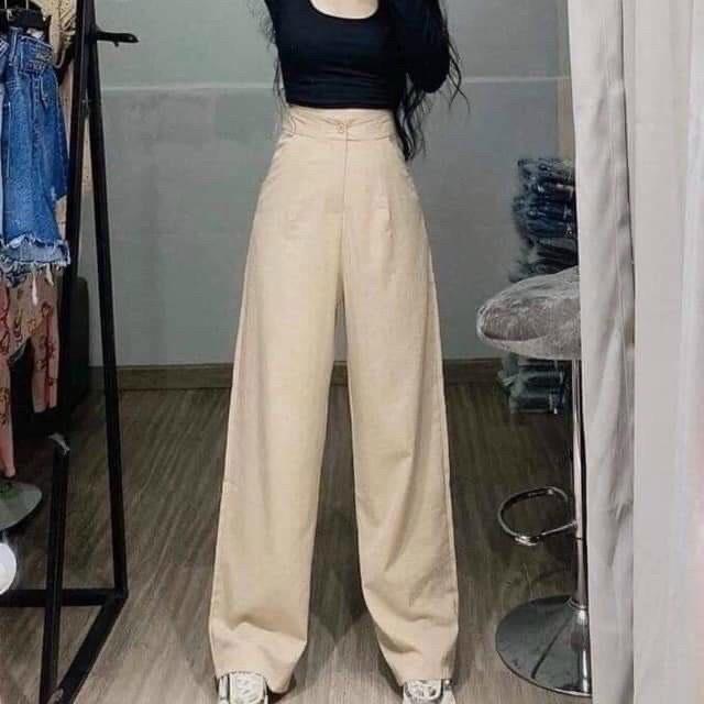 Quần culottes ống rộng nút lưng cao chất dày mịn Lovi