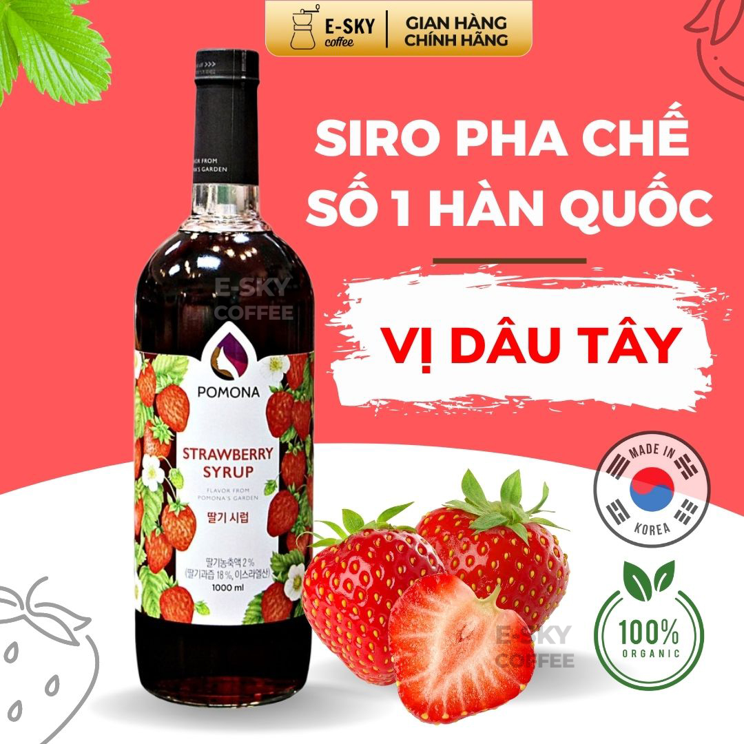 Siro Dâu Tây POMONA Strawberry Syrup Nguyên Liệu Pha Chế Hàn Quốc Chai Thủy Tinh 1 lít