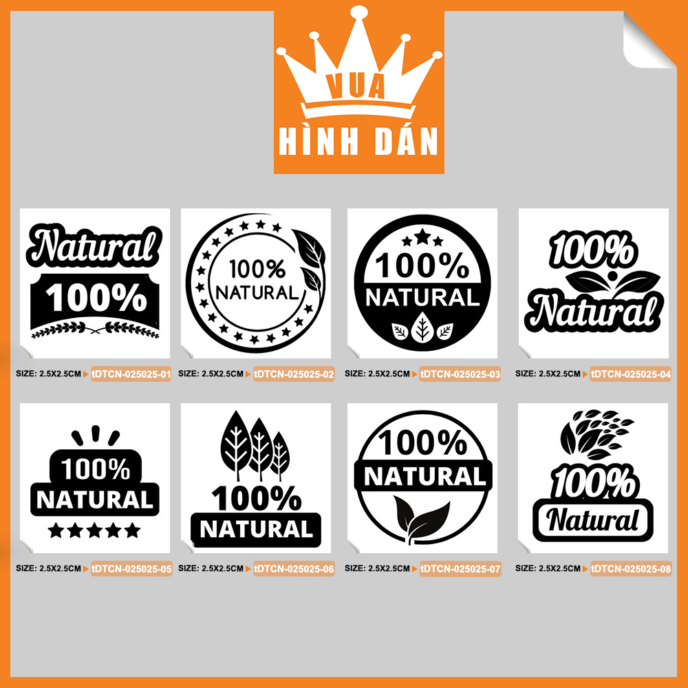 Set 100/200 sticker NATURAL 100% (2.5x2.5cm) tem dán mini 100% TỰ NHIÊN dành cho shop (4.014)