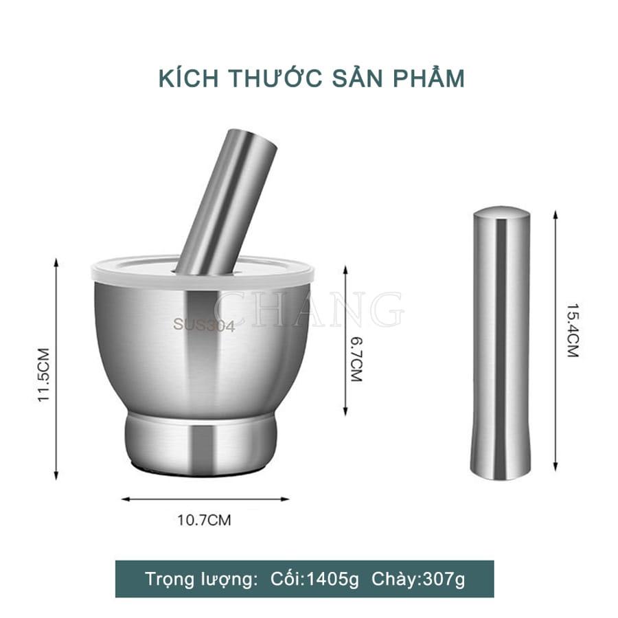 Bộ Chày Cối Inox 304 Có Nắp Đậy,  Chày Cối Nguyên Khối Dã Đồ Cực Nhuyễn Mịn Tiện Lợi Cho Gia Đình