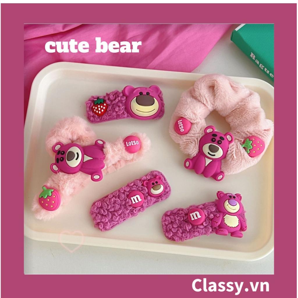 Bộ sưu tập dây cột tóc băng đô và Kẹp Classy tóc màu hồng tía, in hình gấu Teddy cute ngộ nghĩnh PK799