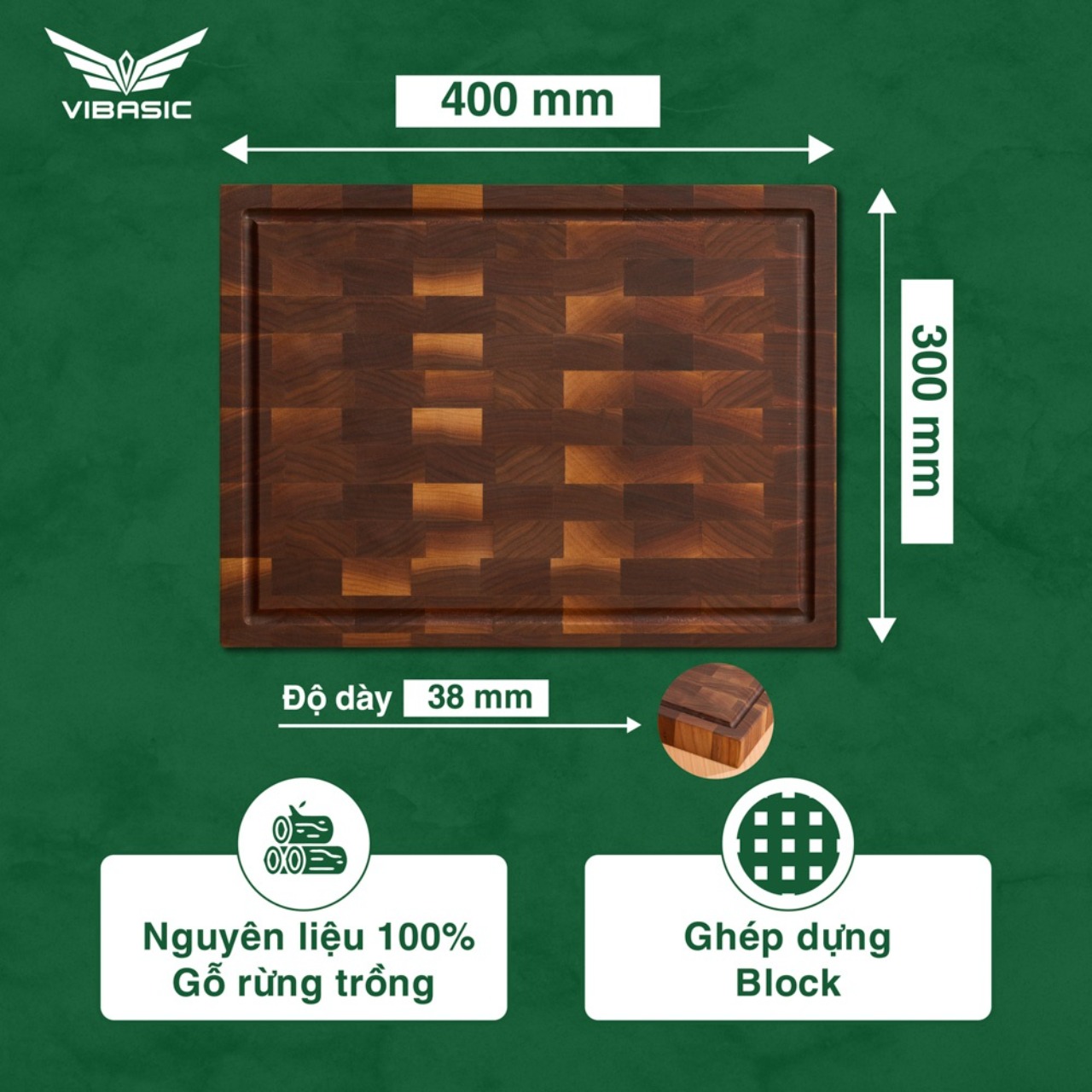 Thớt gỗ óc chó Vibasic kích thước 400x300x38mm, dùng để cắt thái và chặt, kèm hộp quà tặng cao cấp - Hàng chính hãng Bộ Quốc Phòng