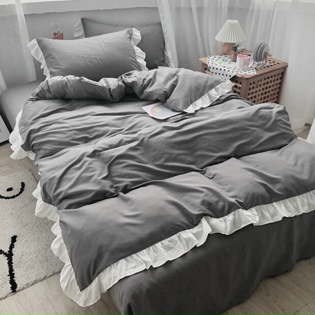 Bộ Chăn Ga Gối Cotton Tici Bèo Ren Trắng LIDACO Cao Cấp - Xám