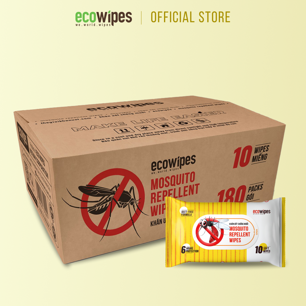 Khăn ướt chống muỗi Ecowipes gói 10 tờ Mosquito Repellent Wipes giúp làm sạch vết mẩn ngứa vừa chống muỗi đốt lên đến 6h an toàn cho làn da nhạy cảm của trẻ