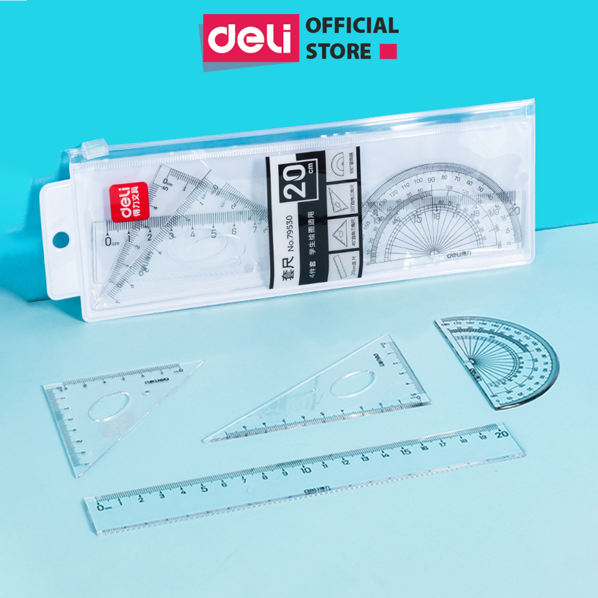 Bộ Thước Kẻ Thước Đo Độ Eke Học Sinh Deli - Bộ Dụng Cụ Học Tập 4 Chiếc - 79529 79530 - Thước 20Cm