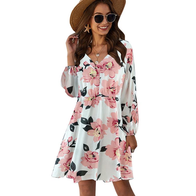 Sexy Women Dress Floral Print V Neck Long Sleeves Backless Self-tie Elastic Waist Ruffle Beach Casual Mini Dress Dark