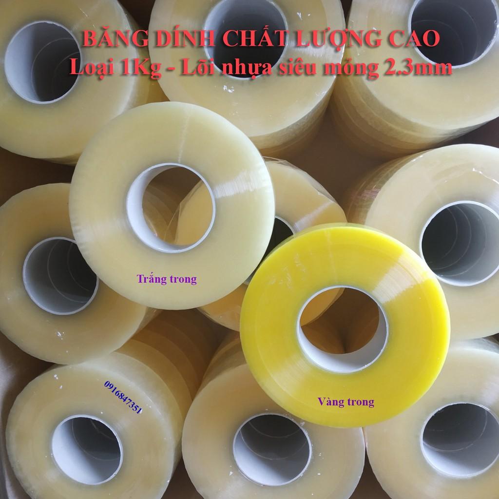 Băng dính loại 1 - lõi nhựa siêu mỏng 2.3mm - đủ 1Kg băng keo dai Trắng - vàng