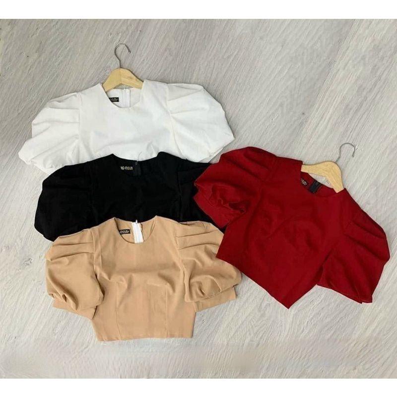Áo Croptop Tay Phồng YURITA Khoá Sau Cổ Tròn Style Hàn Quốc Tiểu Thư Dễ Thương Tay Ngắn Nhiều Màu Chất Dày Dặn