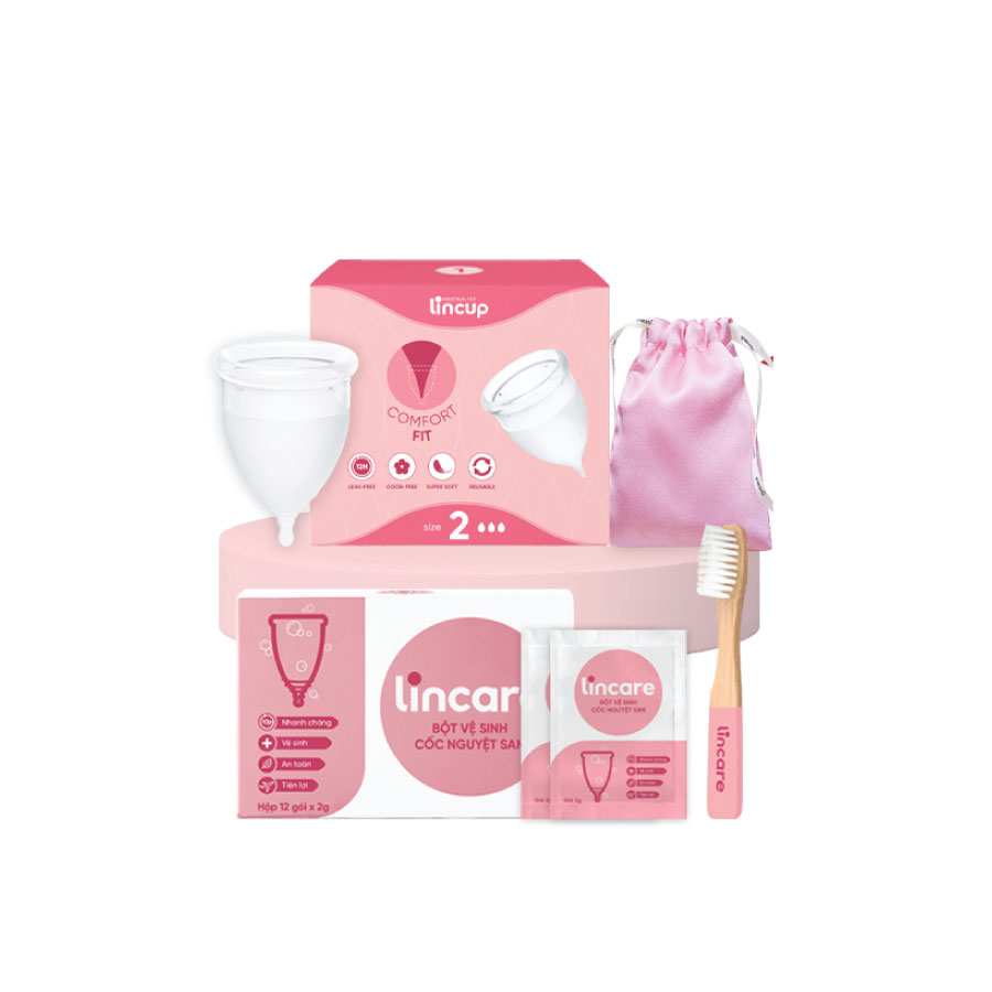 Combo Cốc Nguyệt San Lincup &Amp; Bàn Chải, Túi Lụa, Bột Tiệt Trùng - Lincup40Ml