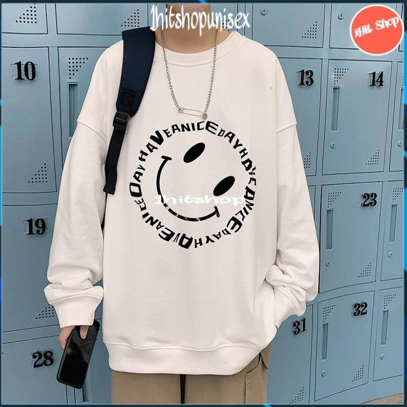 Áo Sweater nam nữ 1HITSHOP Áo nỉ cổ tròn forrm rộng overseze in hình mặt cười nghiêng nỉ cotton dày ấm 2 màu đen trắng