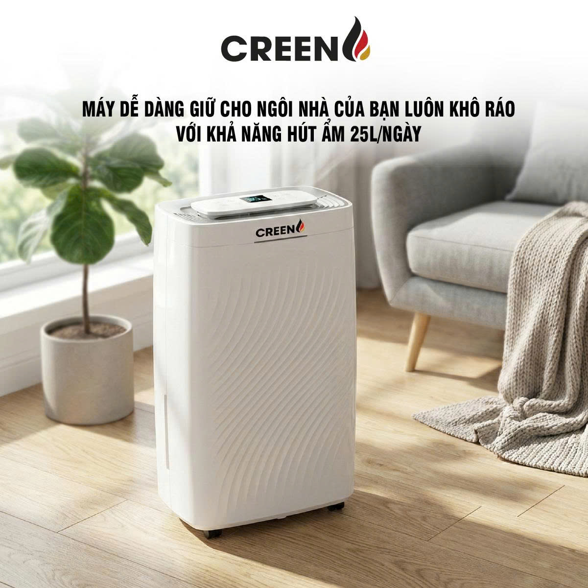 (Model New) Máy Hút Ẩm Lọc Không Khí Creen CR-DE25 - Công Suất 25L/ngày, Khử Khuẩn, Sấy Quần Áo, Hàng Chính Hãng
