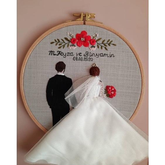 (có sẵn) Kit thêu tay trang trí DIY Bộ Combo thêu kỷ niệm cưới CÓ KHUNG, kit tập thêu mẫu WEDDING HOOP