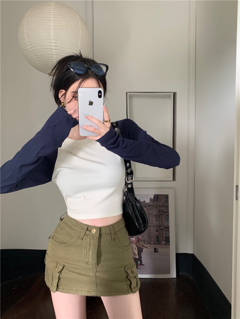 SET ÁO CROPTOP RAGLAN TRƠN TAY DÀI + CHÂN VÁY TÚI HỘP NGẮN LƯNG CAO DẠO PHỐ DỰ TIỆC GIÁNG SINH NOEL